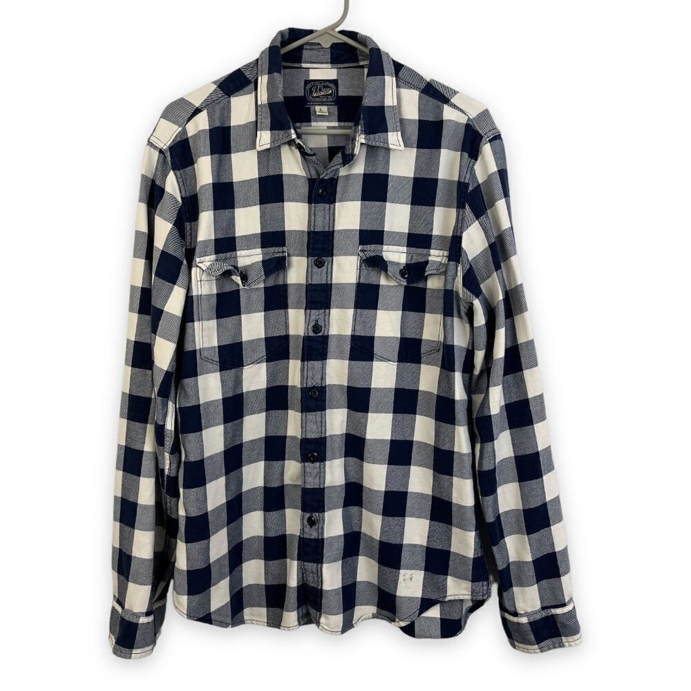 J Crew Mens Sz L Slim Blue White Plaid Flannel Long Sleeve Button Up Shirt